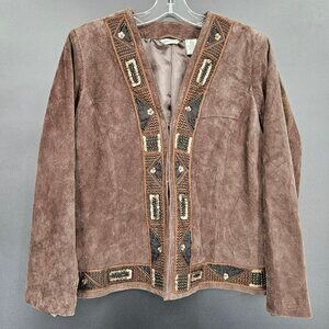 Laura Ashley Nubuck Leather Blazer Jacket L Brown Beaded Sequin Embroidered New